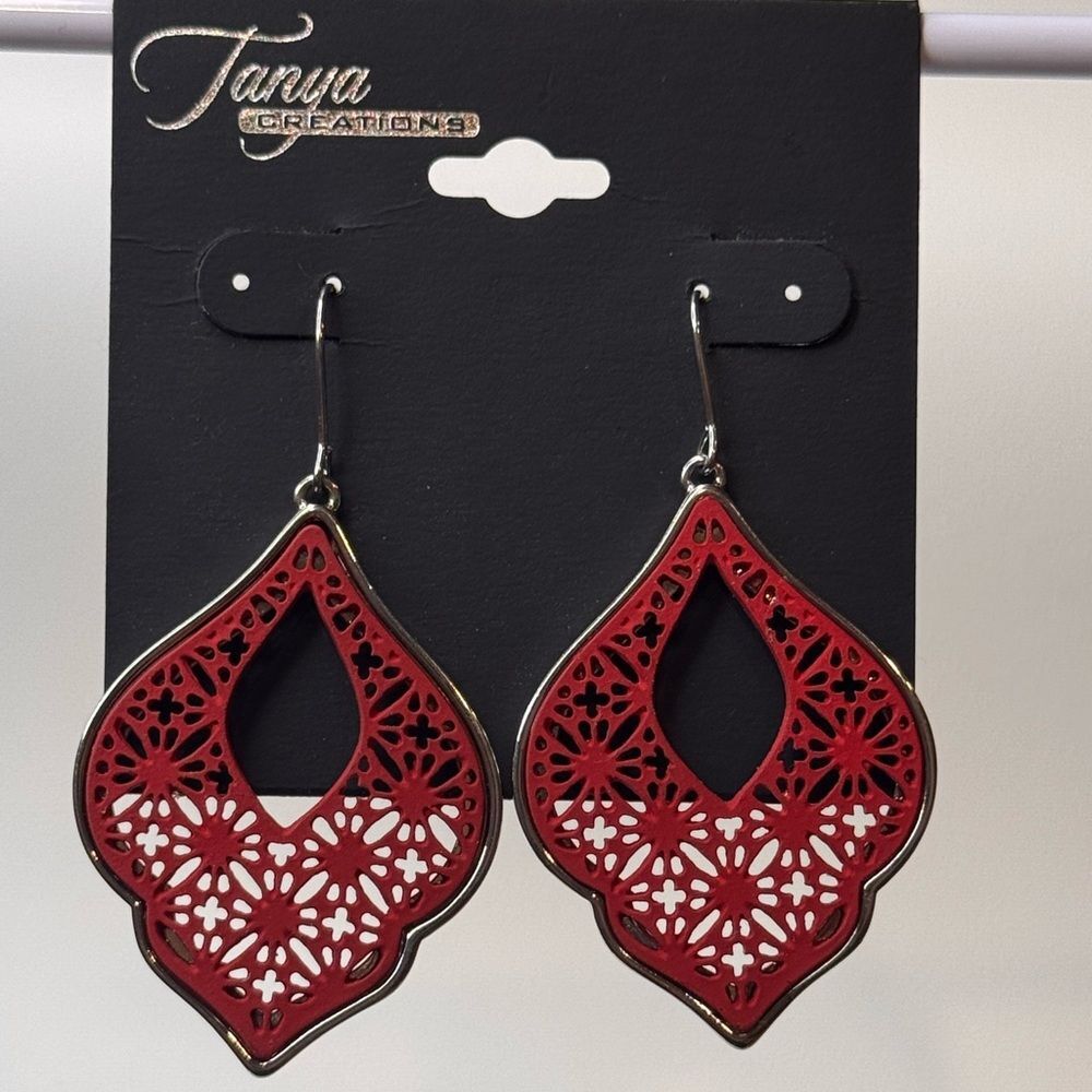 Red and Silver Teardrop Earrings with Intricate Cutout Design 2.25 inch